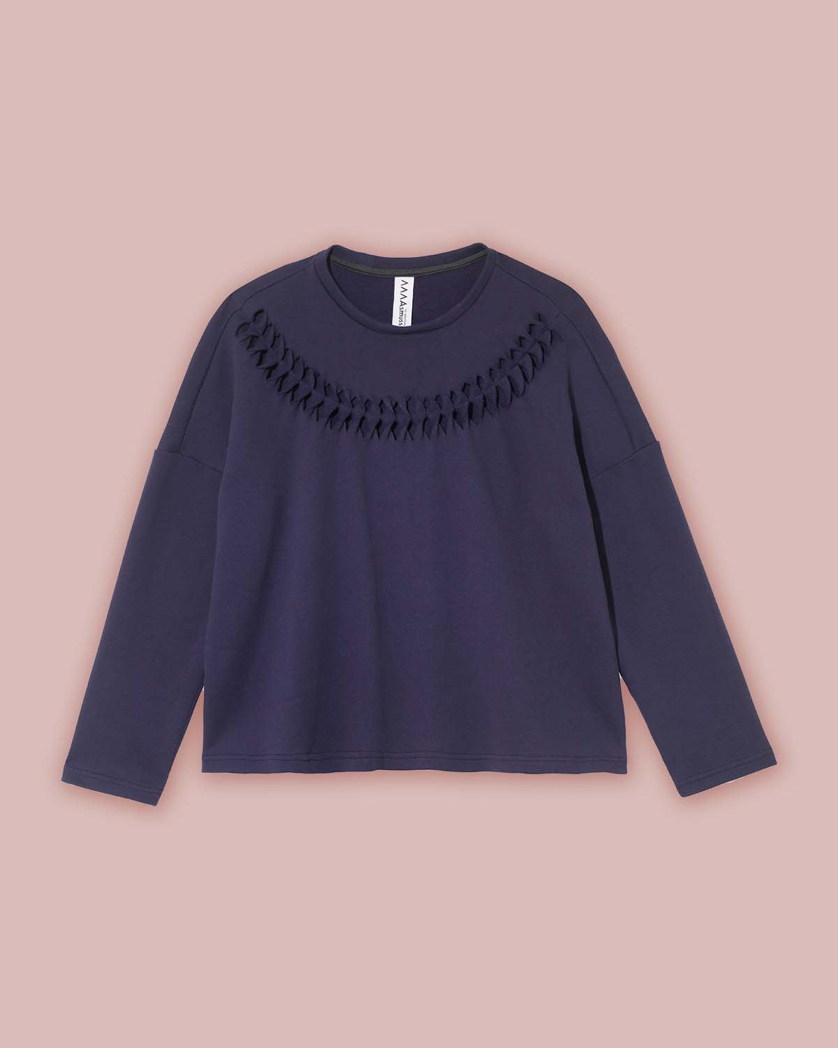 Flat front view of the Anni Sweatshirt with crew neck and long sleeves in Navy with the twist and stitch detail