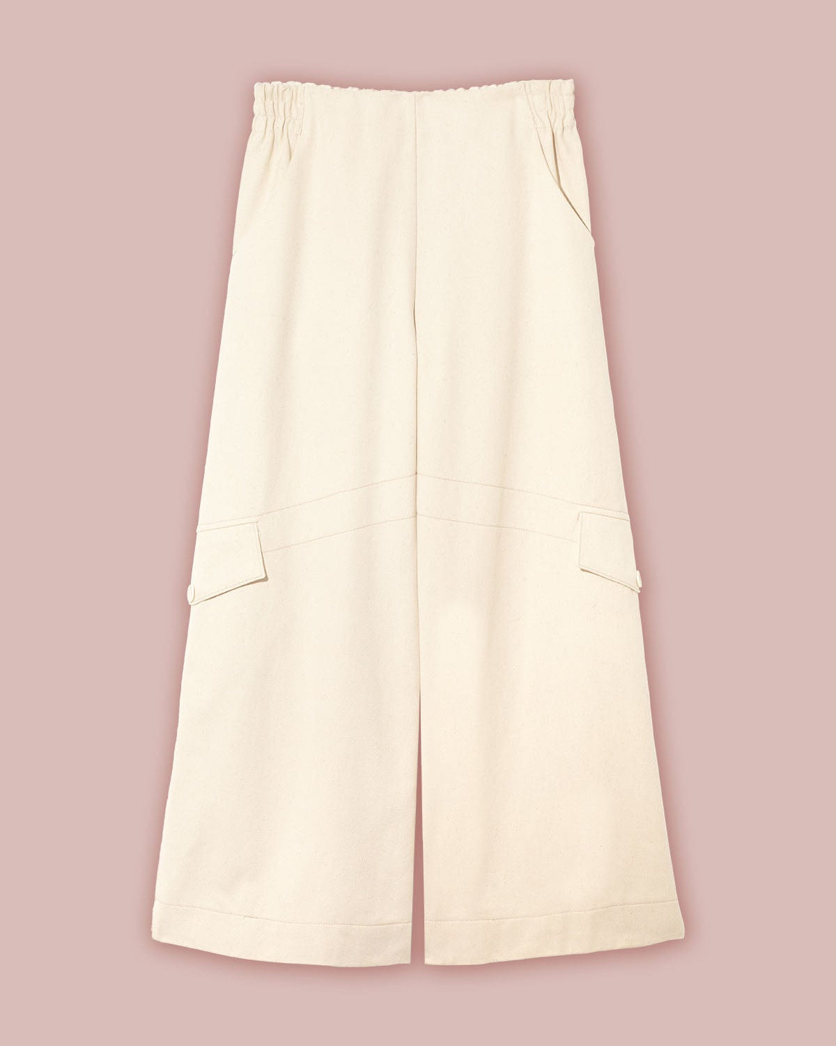 Flat view of the front of the Asmuss Eddy Cargo Trousers in Ecru showing the side pockets and leg pockets