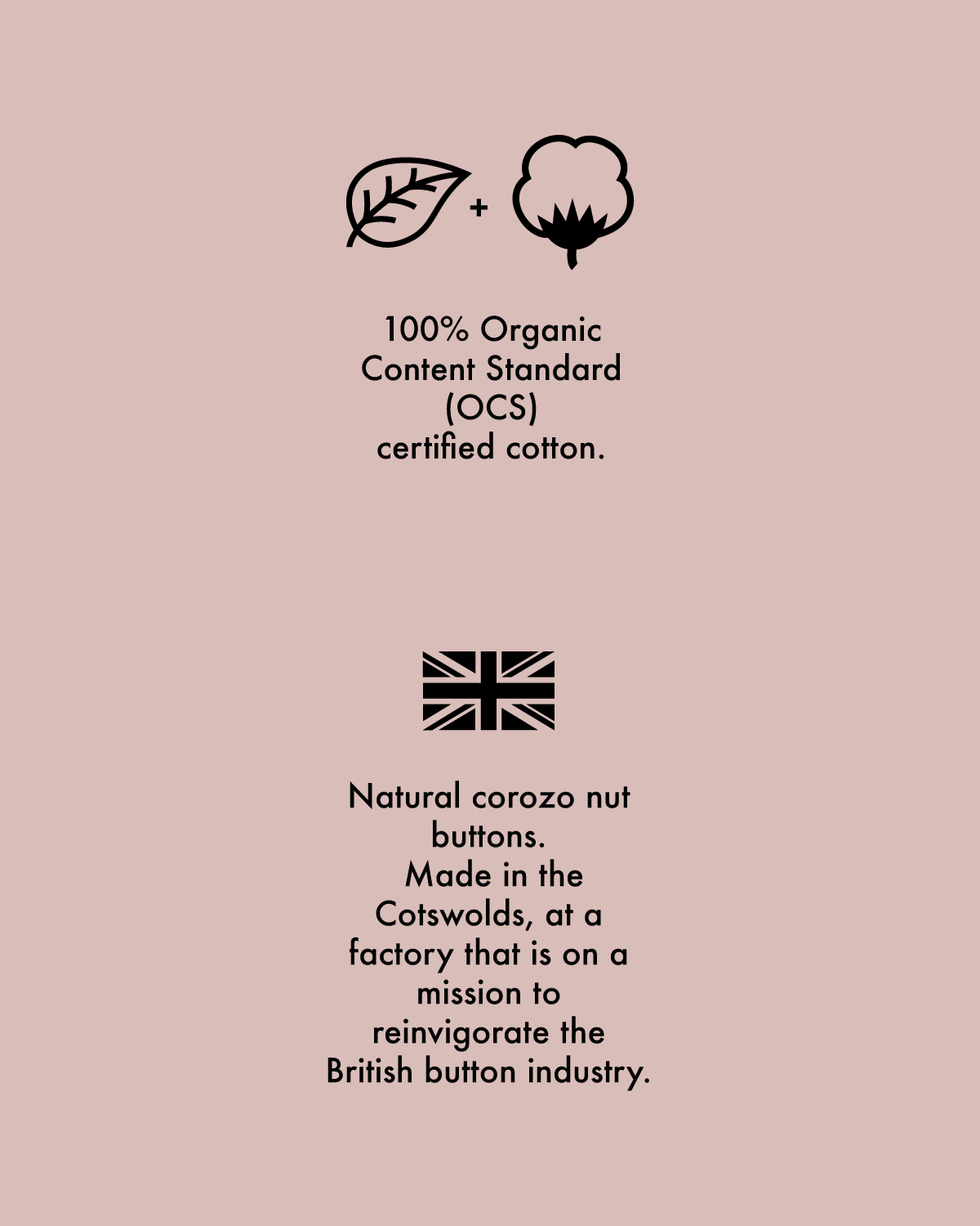 A Union Jack symbol to show the fabric is woven in the North West of England that has been making corduroy since the 1800s. A leaf and cotton plant symbol to explain that the fabric is 100% Global Organic Standard certified organic cotton.
