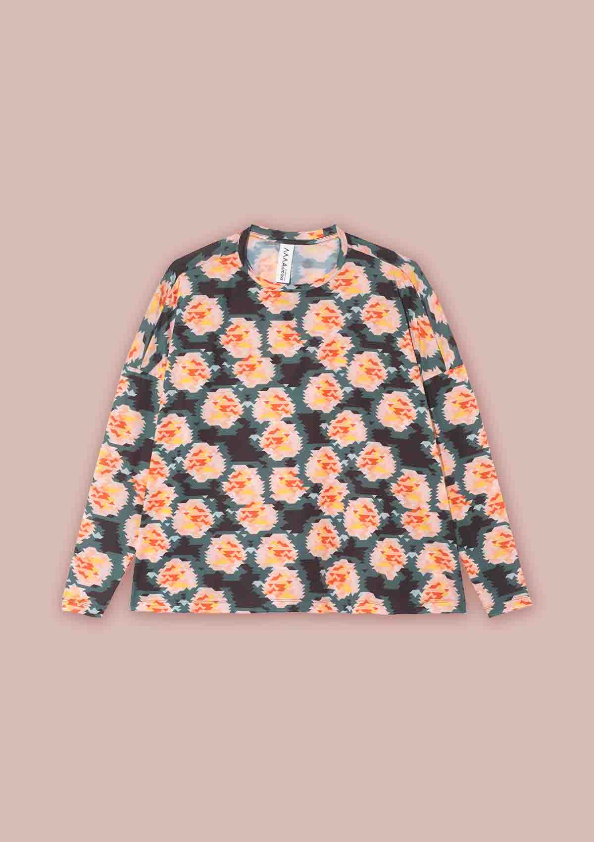 Flat view of the front of the Asmuss Paige Long Sleeve T-shirt in a geometric rose print