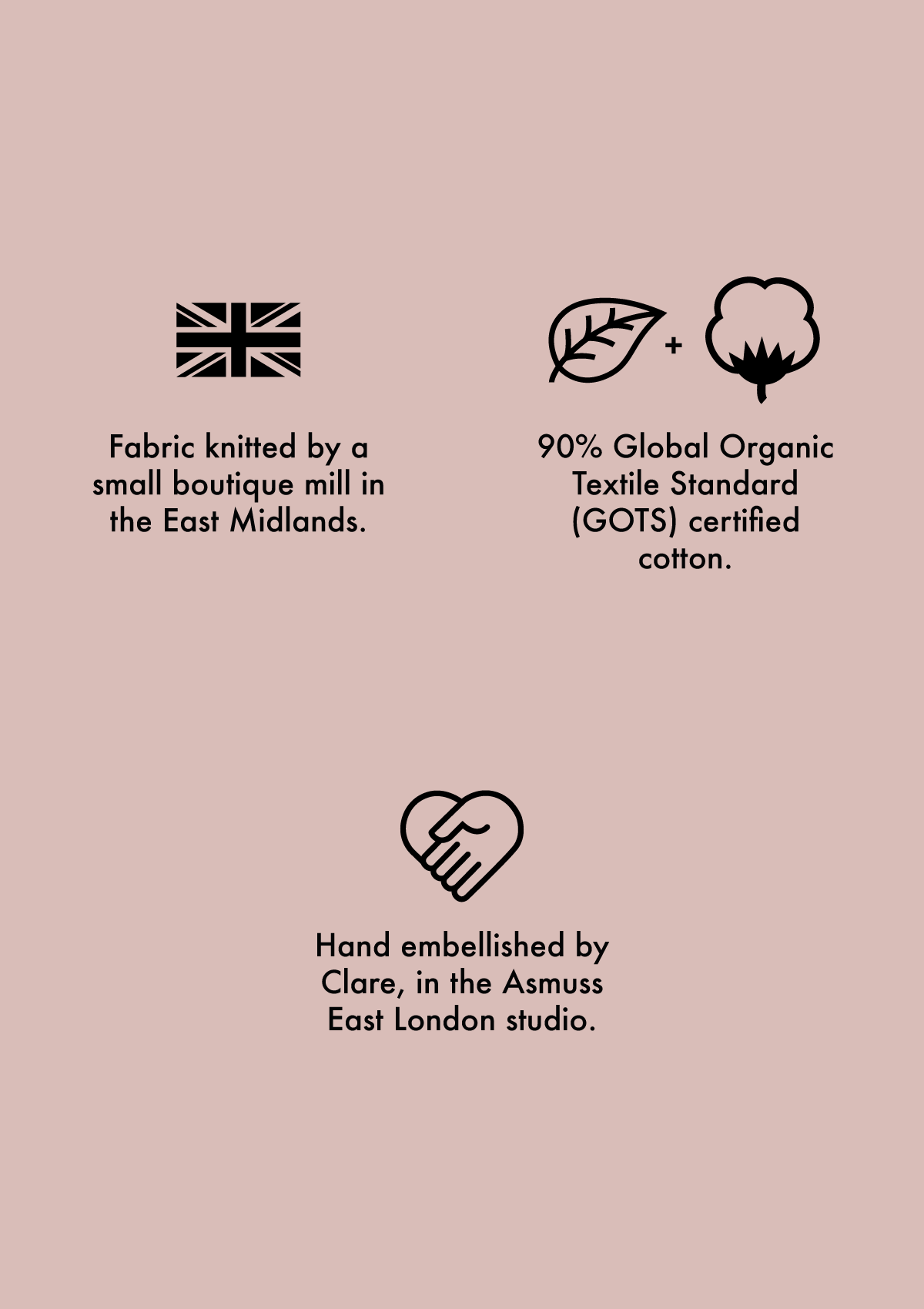 Symbols showing  information about the Asmuss Anni Sweatshirt Organic Cotton.  A Union Jack symbol to show the fabric is woven in the UK.  A leaf and cotton plant symbol to explain that the fabric is 90% Global Organic Standard certified organic cotton. A hand forming part of a hand symbol is to represent that the designer and cofounder Clare adds unique details to garment