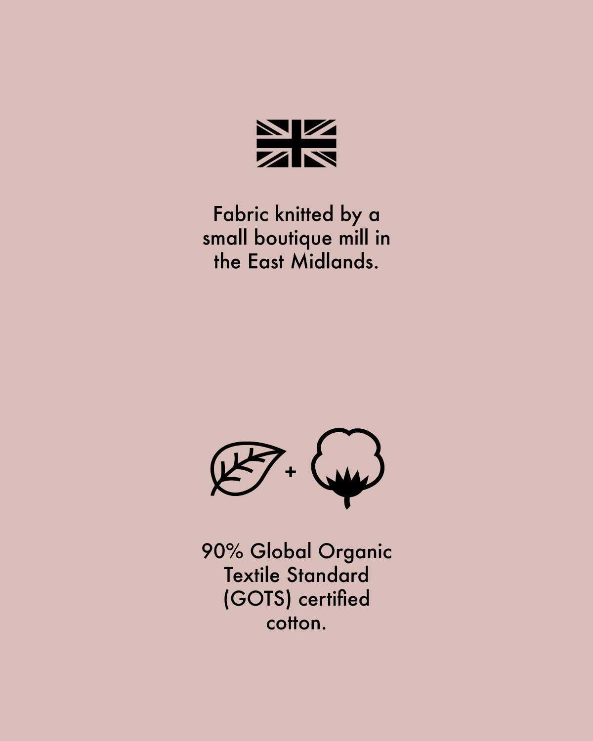 Symbols showing information about the Asmuss Anni Sweatshirt Organic Cotton.  A Union Jack symbol to show the fabric is woven in the UK.  A leaf and cotton plant symbol to explain that the fabric is 90% Global Organic Standard certified organic cotton.