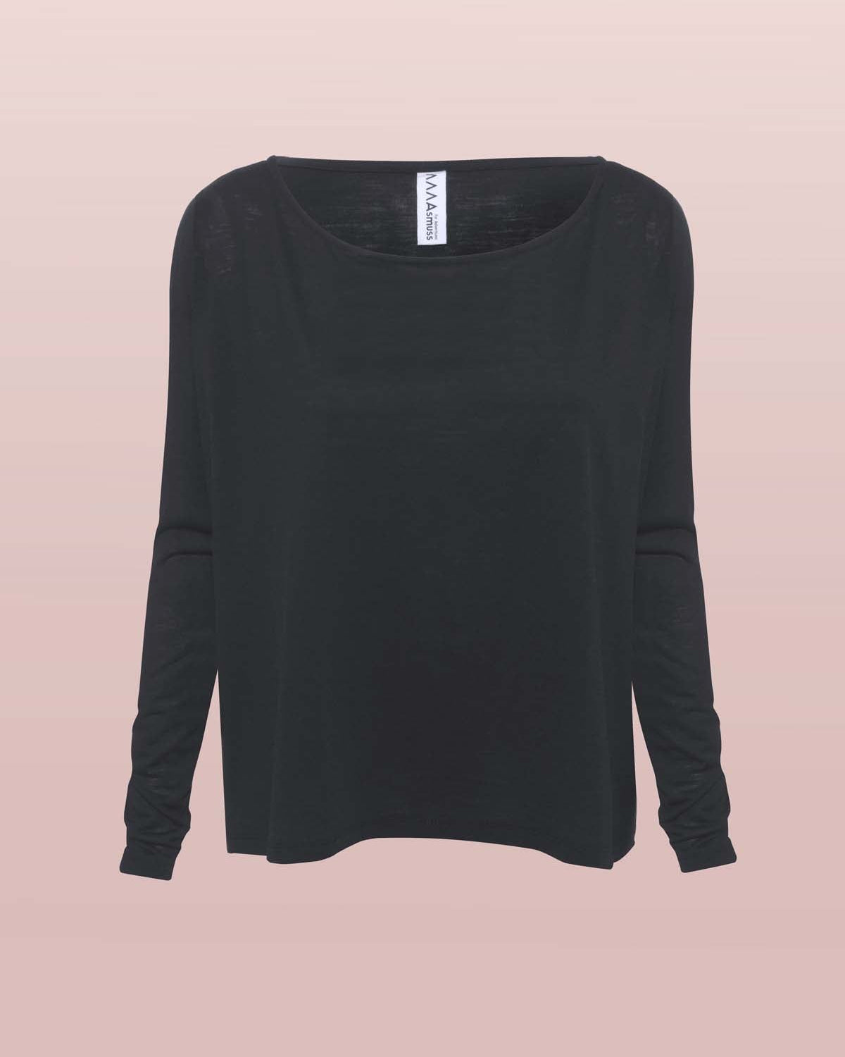 Front view of Asmuss A-line Long Sleeve T-shirt in Black. A great elevated everyday essential or travel top with built in temperature regulating technology