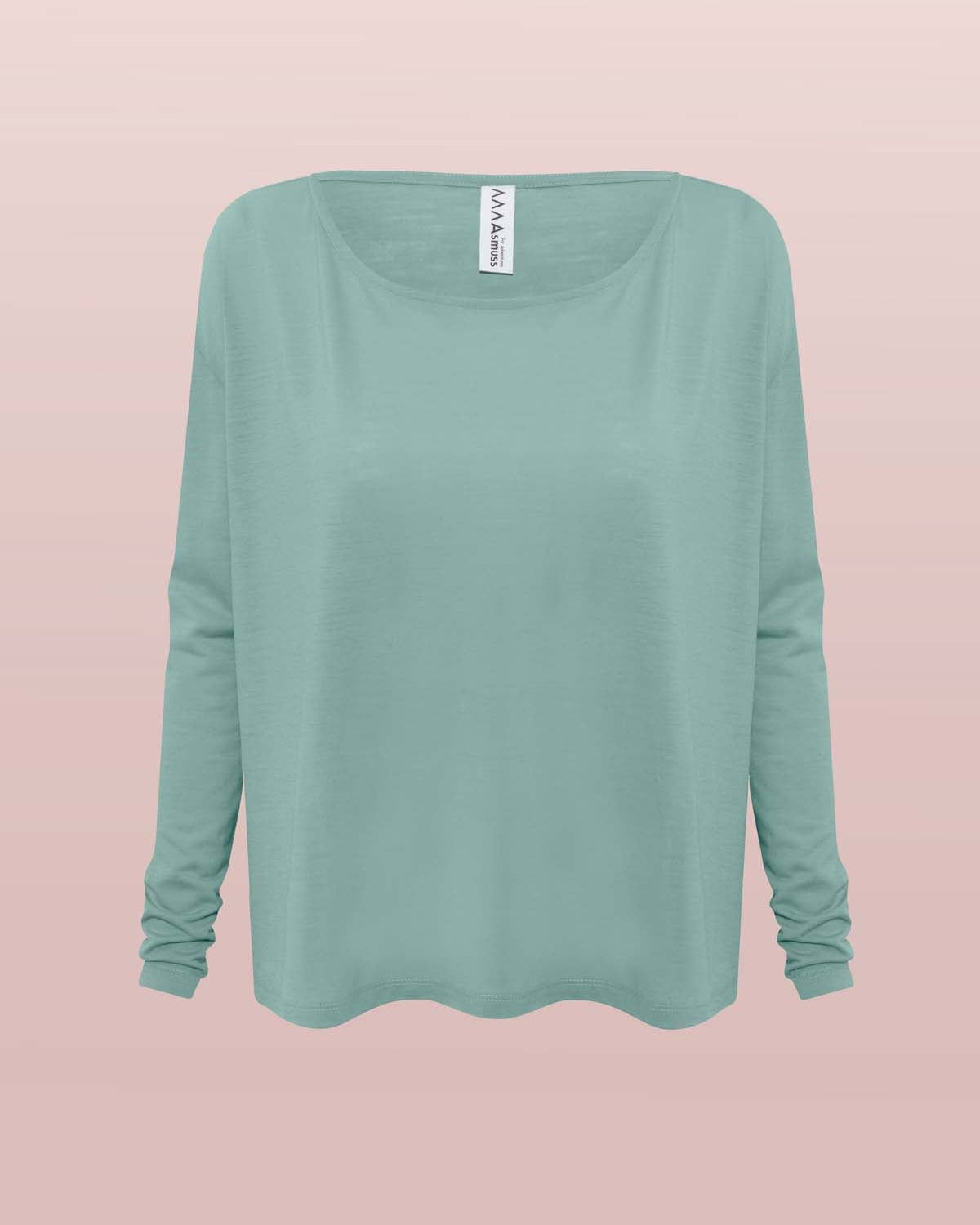 Front view of the Asmuss Long Sleeve A-line T-shirt in Sea Green. A great elevate essential for everyday or travel adventures made from soft wool blended with 37.5 Technology to help regulate your body temperature