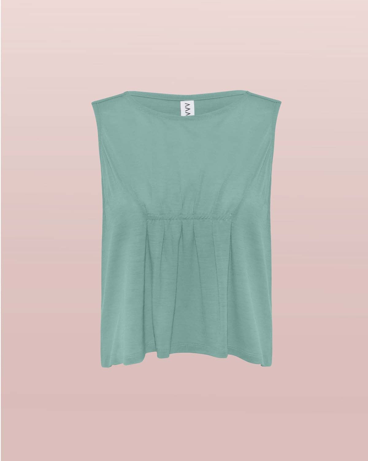 Front view of the Asmuss Pleated Tank in sea green. Made in the UK from a blend of wool and 37.5 technology to help keep your ideal body temperature so it is perfect for travelling with or wearing at home or office. A great elevated essential for all your everyday adventures.