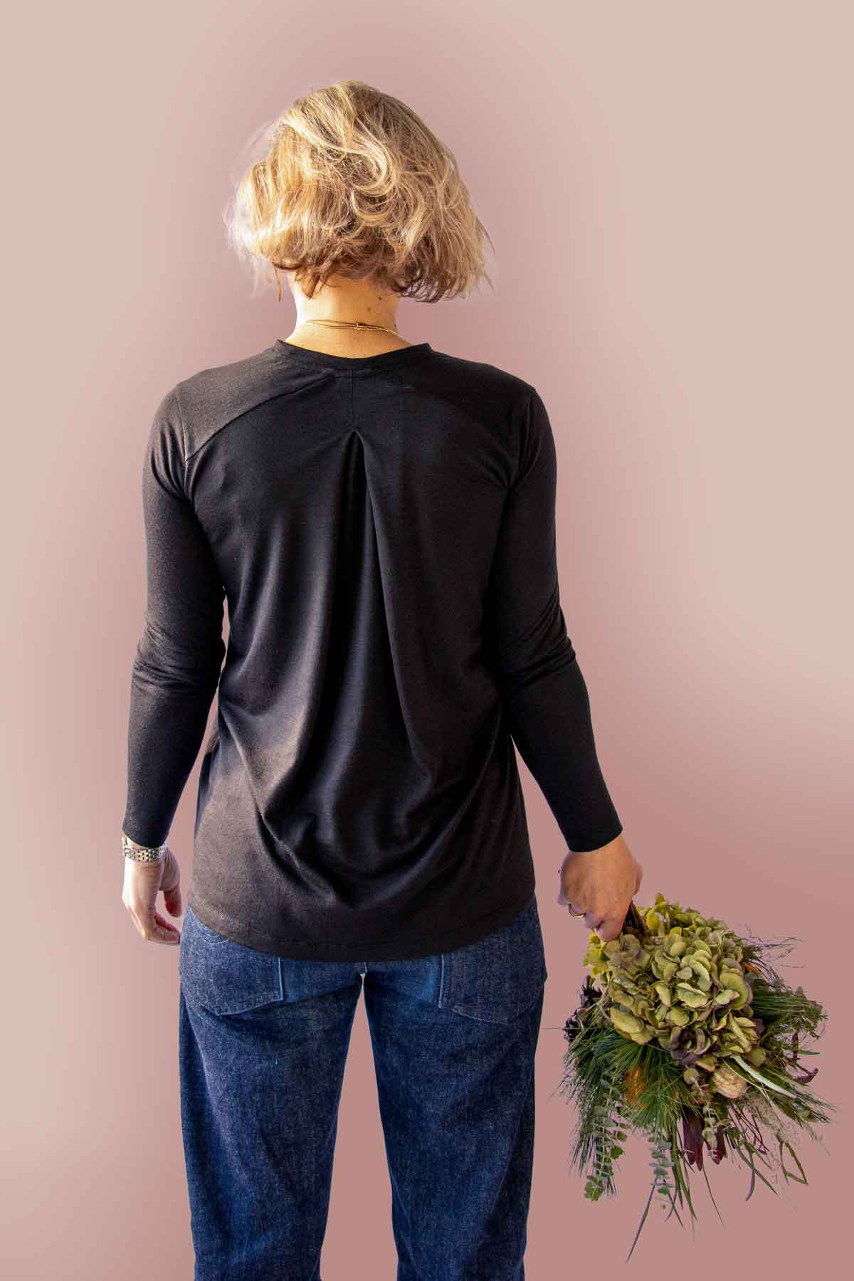Inverted Pleat Long Sleeve T-shirt in Black