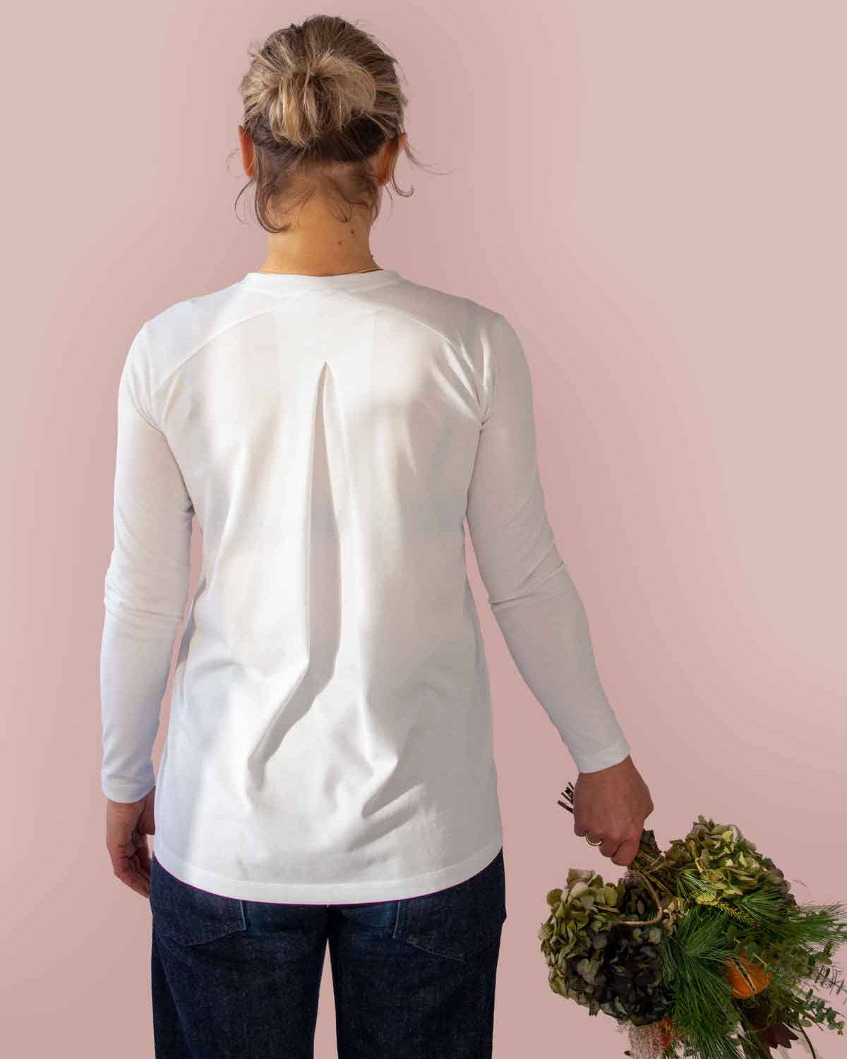 Inverted Pleat Long Sleeve T-shirt in White
