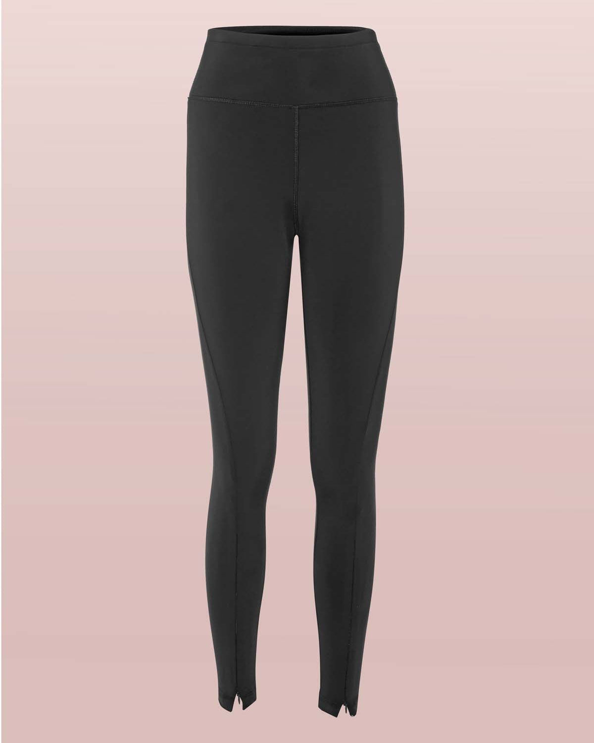 Front view of the Asmuss Twisted Leggings with zip detail on lower front leg, pocket in front waistband and drawstring to keep them snug. Made in the UK from recycled nylon and elastane for 4 way stretch. Sustainable activewear that looks great on for all your everyday adventures including lazing on the couch or out running.