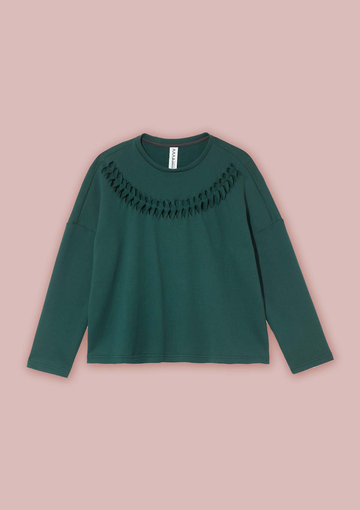 Flat front view of the Anni Sweatshirt with crew neck and long sleeves in Trekking Green with the twist and stitch detail