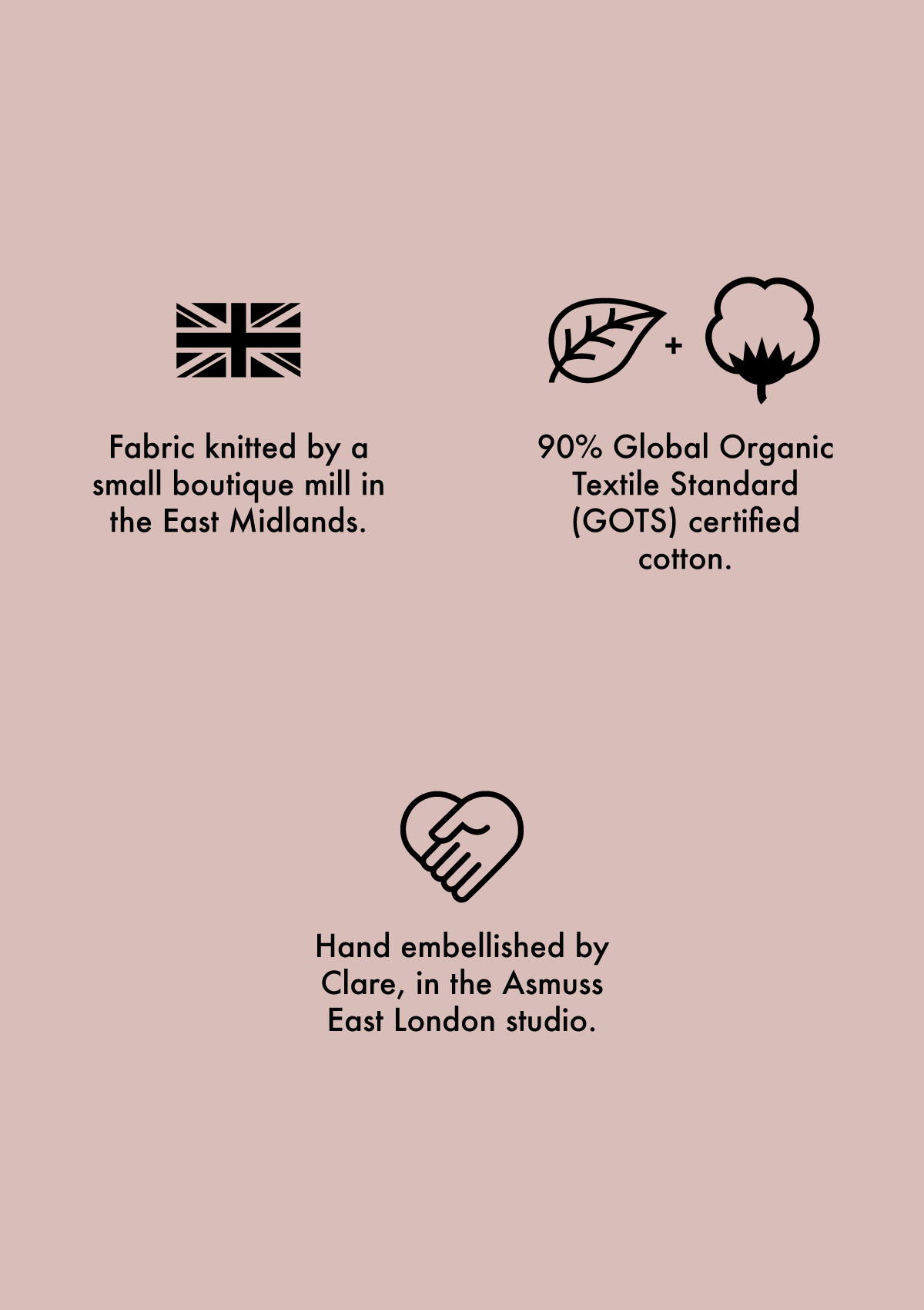 Symbols showing information about the Asmuss Anni Sweatshirt Organic Cotton.  A Union Jack symbol to show the fabric is woven in the UK.  A leaf and cotton plant symbol to explain that the fabric is 90% Global Organic Standard certified organic cotton. A hand forming part of a hand symbol is to represent that the designer and cofounder Clare adds unique details to garment